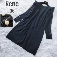 Rene 膝丈ウールニットワンピース パールリボン フリル ネイビー 36