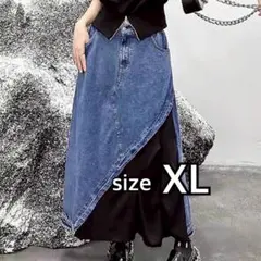 異素材 デニムスカート【XL】フリンジ Aライン ドッキング ウエストゴム