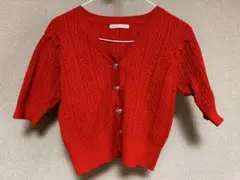 レッド ケーブルニット 半袖カーディガン