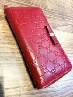 グッチ 長財布 シマレザー GG リボン ラウンドファスナー 赤