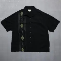 メンズ3XL【A品】シルク100％オープンカラーUSA古着半袖シャツ黒2083