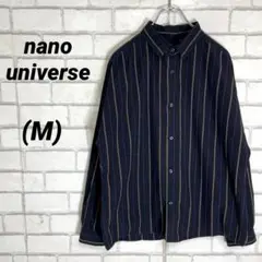 ナノユニバース　ストライプ柄　長袖シャツ　紺　ネイビー　茶色　M 通年使える