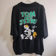 トム＆ジェリー　バックプリント　ハーフジップ　Tシャツ　半袖　Lサイズ　ブラック