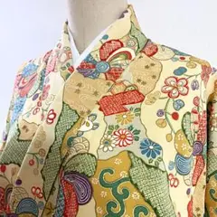 2m695 着物 正絹 袷 小紋 黄色 緑 青 橙色 紫 金色 花柄 和装