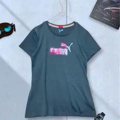 《PUMA》 プーマ フロントロゴTシャツ L ダークグレー ランニング 化繊