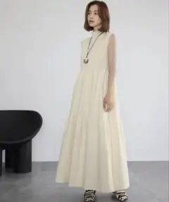 ワンピース ロング マキシ丈 ティアード 異素材 ニット ノースリーブ 着痩せ