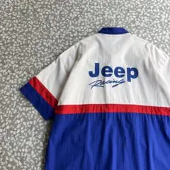 【背面ビックプリント、良好カラー】Jeepアメ車古着　半袖シャツ　アメカジ青白