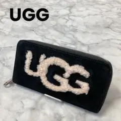 UGG アグー ロゴ ムートン ラウンドファスナー長財布 黒　ブラック　スエード