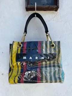 MARNI マルチカラーGLOSSY GRIP ストライプ PVC ハンドバッグ