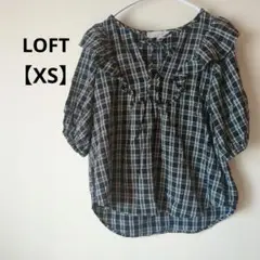 LOFT チェック柄 フリル付き半袖シャツ XS