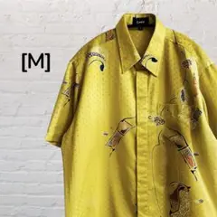 メンズ柄シャツ 総柄 とろみ素材 半袖 比翼仕立て イエロー系 Mサイズ