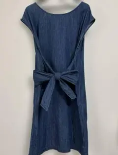 no.1514 デニムブルー リボン付きひざ丈ワンピース