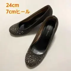 デザインパンプス 24cm 7cmヒール スエードグレー メタルドット