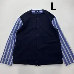 コムサコミューン　ノーカラー/切り替え/ストライプシャツ　ネイビー系　Lサイズ