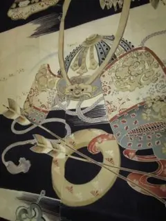 ※整理品*男半幅=59★戦国獅子兜*弓矢*刀*鞍*正絹*古布はぎれ★一閑張り