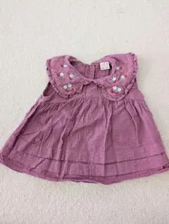 petit main 刺繍付きパープル半袖ブラウス 100