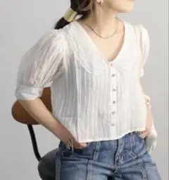 未使用✴︎ap retro✴︎ショート丈✴︎半袖シアーブラウス✴︎タック入り✴︎Fサイズ