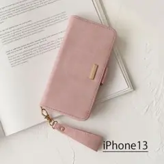 手帳型　iPhone13 ケース　ローズピンク　ストラップ付
