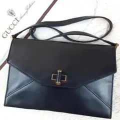 【美品】グッチ ショルダーバッグ オールレザー ターンロック 金具ロゴ ブラック