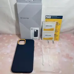 iPhone14Plus用 ケース ネイビー 強化ガラス 2枚セット