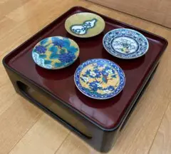木製漆塗り御膳 骨董 アンティーク 古道具 コレクション 九谷焼 豆皿 小皿