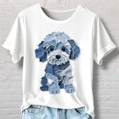 トイプードル グラフィック デニムパッチワーク風プリント Tシャツ Ｌサイズ