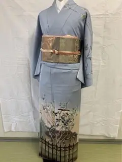 美品 作家物 正絹 着物 訪問着 ブルー グリーン 木 鳥 卒業 入学 卒園式