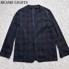美品 ビームスライツ ノーカラージャケット シアサッカー素材 XL チェック柄