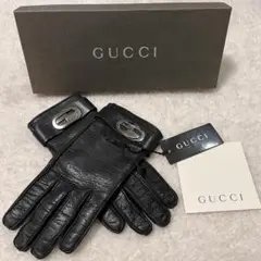 ★美品★グッチ 手袋 レザーグローブ 内側カシミア ロゴ金具 ブラック 箱付