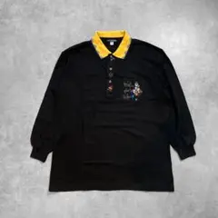 vintage HARDY AMIES キャラ 刺繍 長袖 ポロシャツ XL 黒