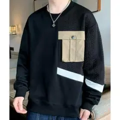 丸首　トレーナー　カジュアル　切り替え　メンズ　黒　ブラック　3XL　おおきめ