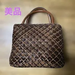 美品　ブラウンレザー　手編みかごバッグ