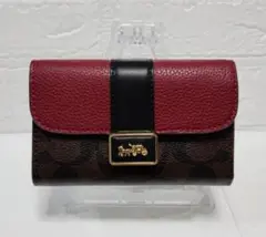 COACH 　三つ折り財布　レッド/ブラウンシグネチャー