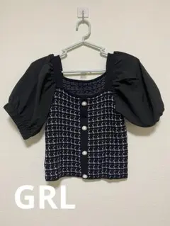 【匿名配送】GRL 異素材ツイードスクエアネックニットトップス M ブラック