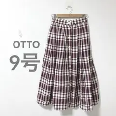 【オットー】フレアロングスカート　麻　チェック柄　サイドスリット　M 前開き