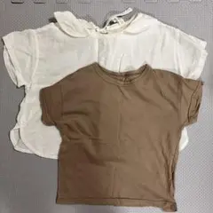 韓国子ども服 Tシャツ ブラウン ブラウス ホワイト 2枚セット トップス 半袖