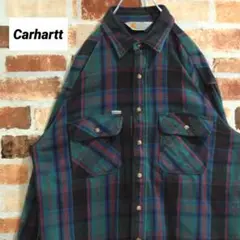 《カーハート》グリーン系チェック柄 ブランドロゴ L相当 長袖ネルシャツ