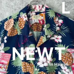 ✅【NEWT】コットン100%アロハシャツLネイビー系ハワイ製パイナップル