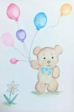 色鉛筆画　≪Postcard≫　クマと風船