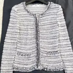 良品✨ルネ ノーカラージャケット ツイード パールボタン 36 白×黒 通年