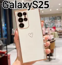 GalaxyS25 ケース　ホワイト　白　ハート　ふちどり　メッキ風　可愛い