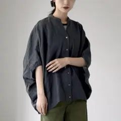 ミズイロインド　リネン スタンドカラー コクーンシャツ