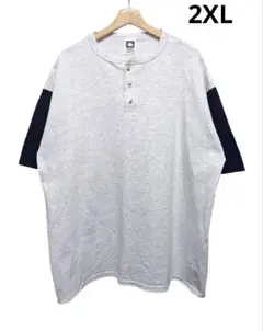 90s-00s COTTON DELUXE ヘンリーネックT グレー×ネイビー