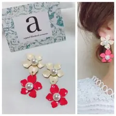 2300-4 アイボリー×レッド☺︎2連カラーフラワーパールピアス☺︎