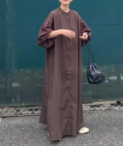 七分袖透かしバルーン袖ブラウンワンピース