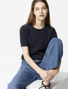 【UNIQLO】 ケーブルクルーネックセーター XL ネイビー