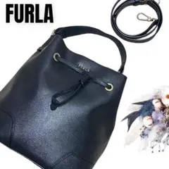 美品✨️FURLA ステイシー ショルダー 巾着バッグ ブラック ロゴ金具