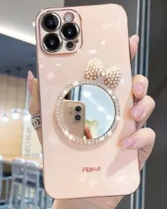 【即日配送】iPhoneケース　15pro　アイボリー　ミラー付き　リボン