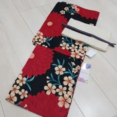 新品☆呉服屋♪粋！黒地に映える赤花　大人上品な夏着物　浴衣３点セット