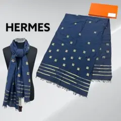 箱付き HERMES エルメス コットンシルク混 ラメHロゴ ボーダーストール